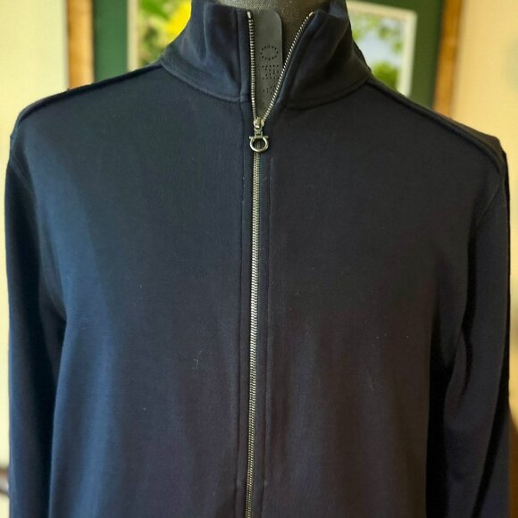 Ferragamo Mens Virgin Wool Bomber Jacket, SZ L, Navy, Zipper w/Leather, RT $1800 - Picture 2 of 14